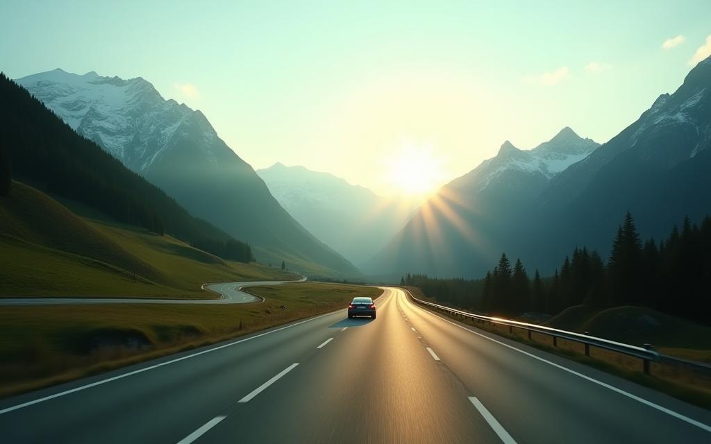 Car driving on a scenic Swiss motorway with mountains in the background