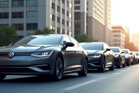 A line of black corporate cars parked in a modern city setting, representing corporate fleets