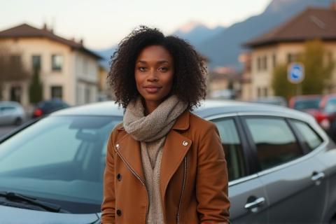 A person standing beside a car with a subtle Swiss background, representing expats or residents