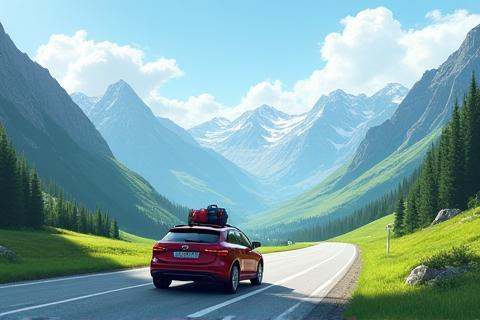 A car with luggage driving through a beautiful Swiss mountain landscape, representing tourists