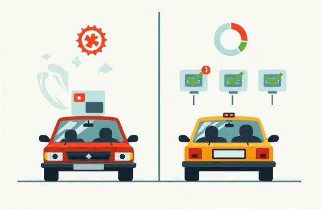 An illustration showing a comparison between a physical sticker on a windshield and a digital representation linked to a license plate